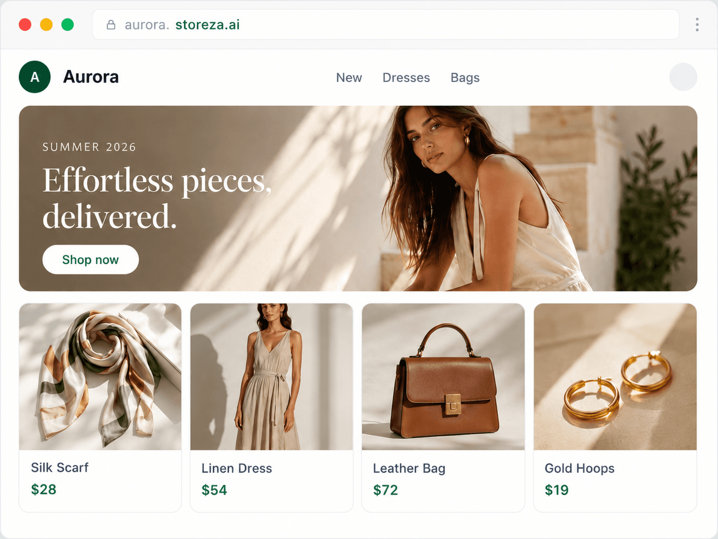 Aurora — a sample online store built by Storeza at aurora.storeza.ai